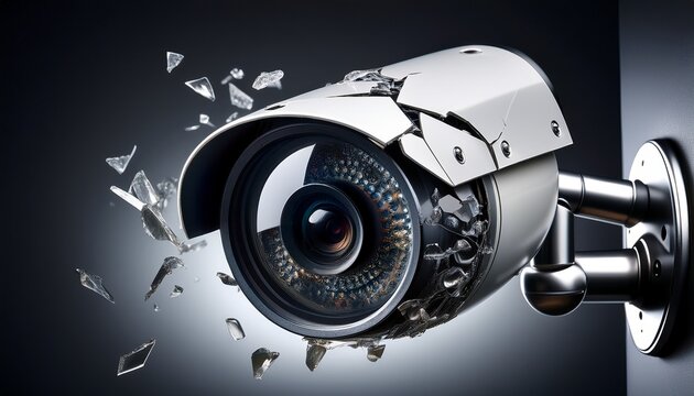damaged security camera with a shattered lens symbolizing broken surveillance and security system failure