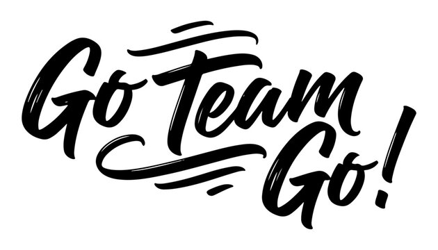 Go team go hand lettering in dynamic brush typography with decorative strokes. Team spirit, supporter enthusiasm and sports celebration concept for banner, poster and print design