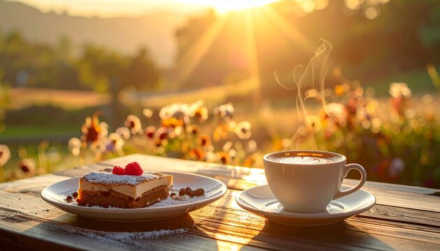 Kaffee und Dessert auf Tisch im warmen Licht
