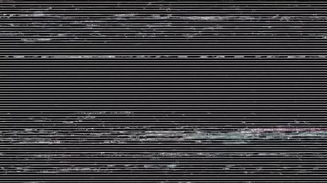 Digital glitch distortion with horizontal scanlines on black background