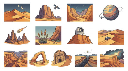 Desert Landscape Collection with Astronomical Elements. © Ga