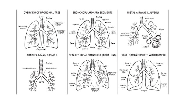 Human Respiratory System Anatomical Diagrams and Bronchial Tree Illustrations