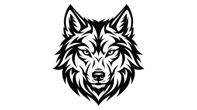 Sharp black and white vector illustration of a fierce wolf head with tribal style design