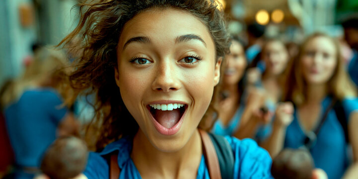 Excited young woman reacting with joyful surprise in crowded public place with happy expression and vibrant social atmosphere