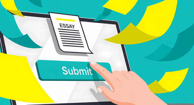 Hand Pressing Submit Button on Laptop for Online Essay