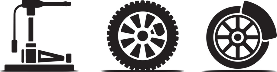 Obraz premium Black silhouette icons of bike pump, bicycle tire and wheel on white background for repair and maintenance design elements