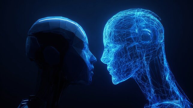 Two futuristic humanoid heads facing each other created with glowing blue wireframe mesh and digital geometric low poly surface textures