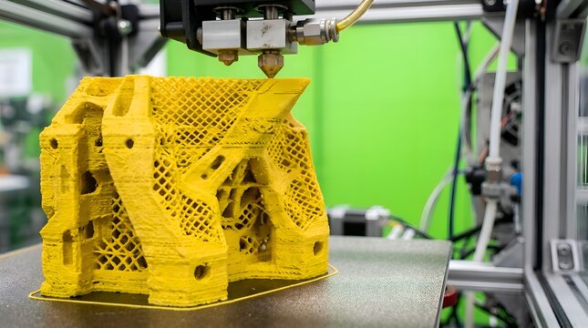 3D Printer Creating Intricate Yellow Object: Technology and Innovation