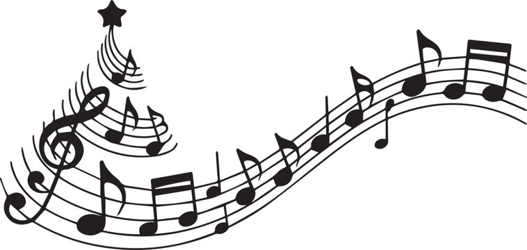 Black silhouette music notes forming Christmas tree on white background, musical symbol illustration in EPS format for holiday design