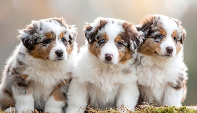 Three Cute Australian Shepherd Puppies Together.