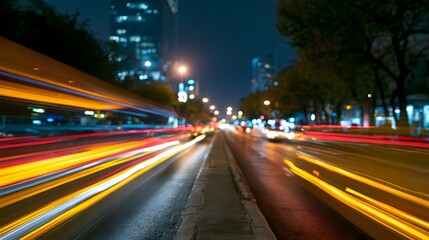 Fototapeta premium Dynamic streaks of vibrant red and orange light create an exciting flowing atmosphere suggesting rapid transportation through an urban landscape