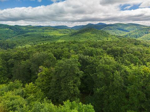 Aerial view of the lush green forest and rolling hills of Bohunicky Rohac in Stiavnicke Vrchy under a cloudy sky Bohunice, Nitra Region, Slovakia.