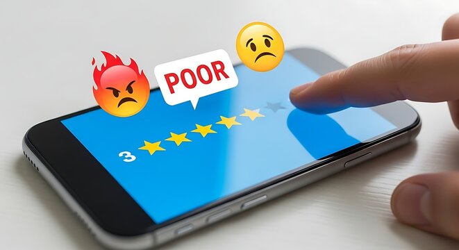 Negative customer review on smartphone screen, poor service rating with angry emojis, bad user experience and low satisfaction feedback concept
