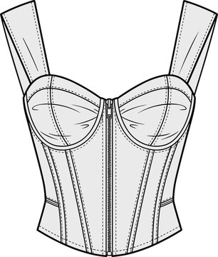 Zipper front bustier corset top technical fashion flat sketch cad drawing vector illustration, sleeveless cropped bodice blouse apparel design template,