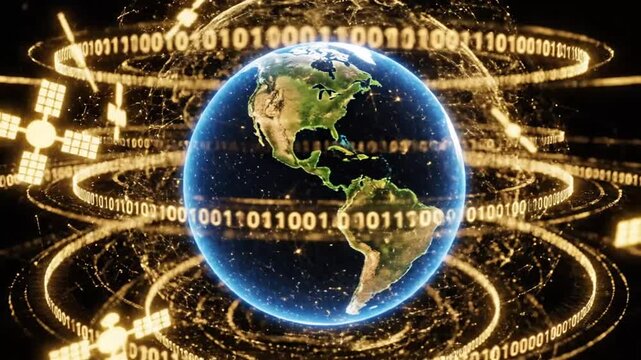 Digital globe with satellite network and binary code.