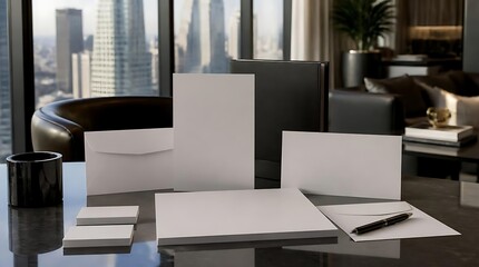 Fototapeta premium Blank Stationery Set on a Desk with City View.