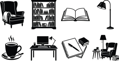 Cozy home library and study room black silhouette icons set featuring armchair bookcase computer desk and reading elements © Sirajul