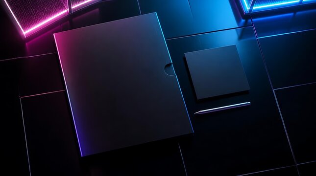 Abstract Geometric Shapes with Neon Lights in Dark Futuristic Environment.