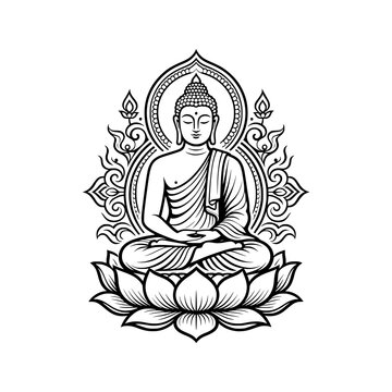 Tathagata Buddha icon featuring a serene meditation pose on a lotus pedestal. Clean vector design representing enlightenment, mindfulness, peace, and spiritual wisdom.