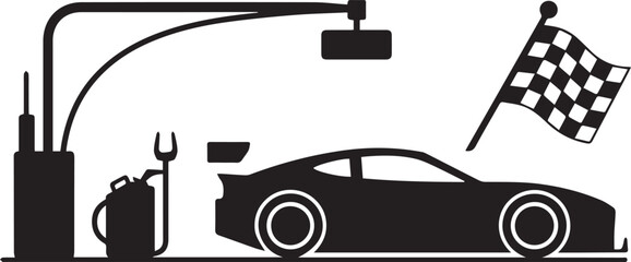 Naklejka premium Silhouette of sports car with tools and checkered flag on white background in minimalist racing illustration