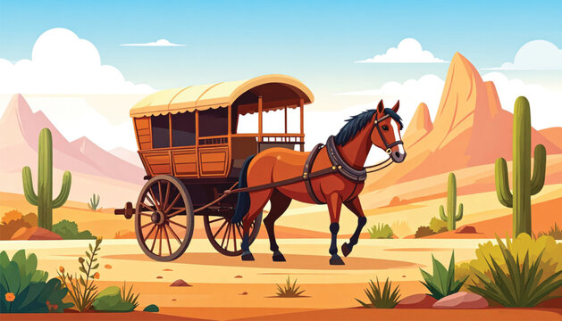Brown Horse Pulling Old Wagon.