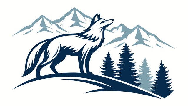 Stylized fox standing on a hill with mountains and pine trees silhouette mountains wildlife silhouette wilderness landscape adventure illustration majestic predator evergreen creature