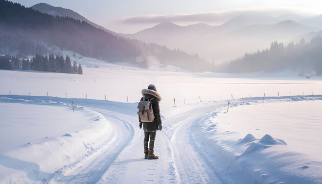 A traveler with a backpack standing at a fork in a snowy road, choosing a path in a beautiful winter mountain landscape, conceptual life decision, crossroads opportunity, and journey concept.