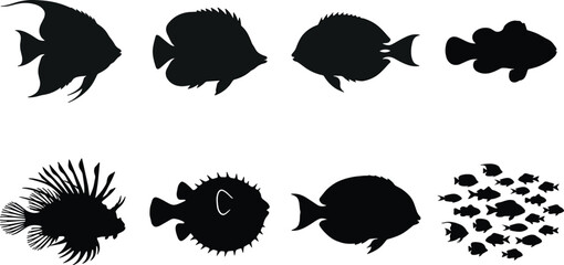 Tropical reef fish black silhouettes set featuring lionfish angelfish pufferfish and schooling sea life vector icons for marine design © Sirajul