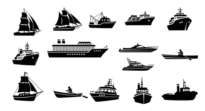 Collection of various boat and ship silhouettes.