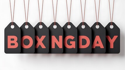 Black hanging tags, red letters, BOXING DAY sale, discount labels, shopping promotion