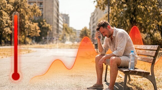 Man suffering from extreme heatwave with thermometer and temperature graph concept.