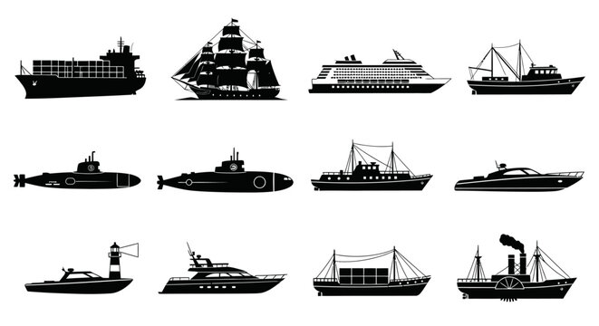 Collection of various ship and boat silhouettes.