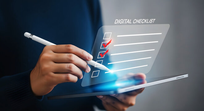 Person using stylus on tablet to check off items on a digital checklist hand