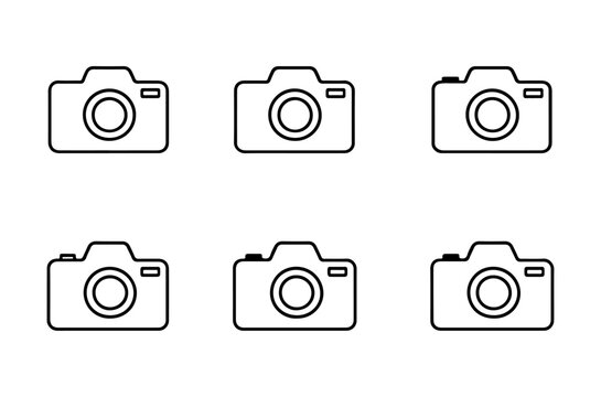 A set of six minimalist vector icons representing different cameras for creative projects and photography