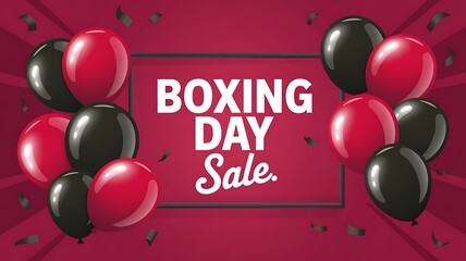 Boxing Day sale banner, red and black balloons, discount advertisement, holiday shopping template