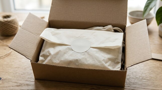 Open cardboard shipping box with a wrapped package inside on a wooden table