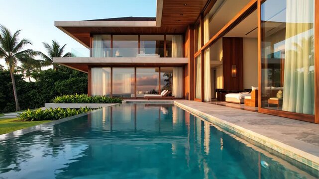 Modern two-story luxury villa with floor-to-ceiling glass walls and wooden ceilings at sunset, featuring a large swimming pool with reflections, palm trees, and tropical landscaping.