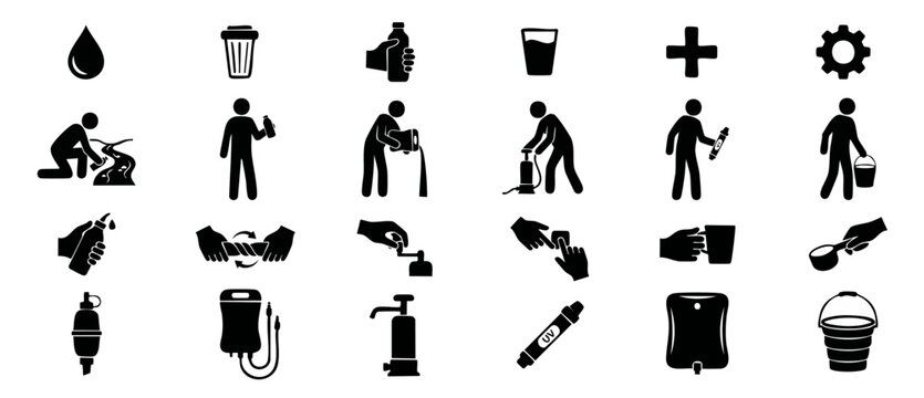 Water purification icons vector set for clean drinking water survival, sanitation, and hygiene depicting filtration, boiling, uv treatment, gravity filters, and hand pumps in black pictogram style.