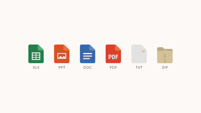 Adobe Illustrator ArtworkDigital Document Icons: Spreadsheet, Presentation, Text, PDF, Image, Folder