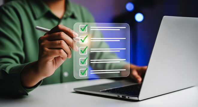 Person using stylus to check off items on a digital checklist next to laptop checkmark