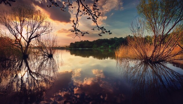 amazing view by the lake through the branches and low point of view colorful sky with dramatic clouds image has a vintage effect applied to create some artistic flavor