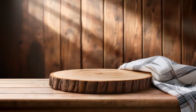 wooden log with tablecloth on table over rustic wall background kitchen interior mock up for design and product display
