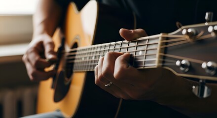 Obraz premium Acoustic guitar close up, hands playing chords, musical instrument.
