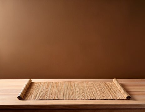 empty wooden table with bamboo tablecloth and place mat over brown wall background kitchen mock up for design and product display