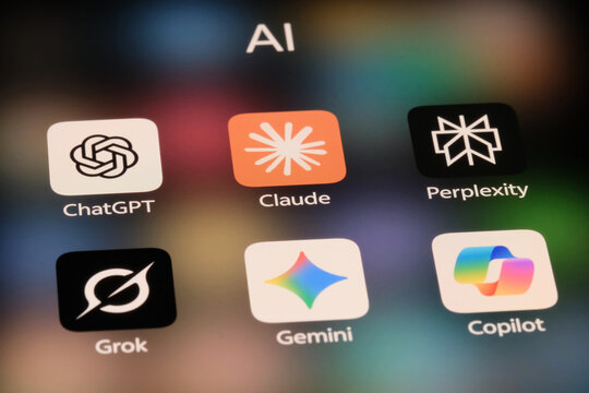 Shanghai,China-June 16th 2026: Claude, ChatGPT, Gemini, Perplexity, Grok and Copilot. Assorted AI app icons