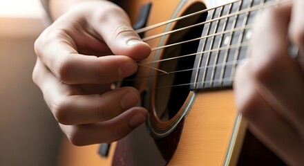 Fototapeta premium Acoustic guitar close-up: musician playing, string instrument detail