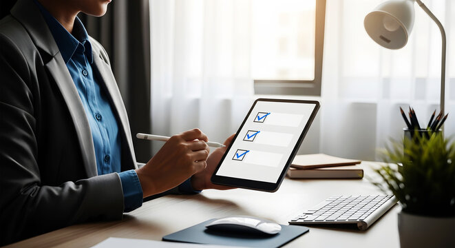 Person using tablet with checklist and stylus at desk with lamp and plant image