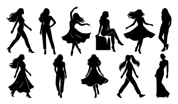 Elegant female silhouette pose collection fashion vector illustration set