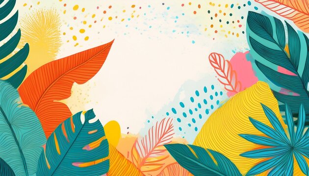 tropical summer doodle banner with space for text colorful abstract design background for poster invitation and cover with tropical leaves shapes and textures