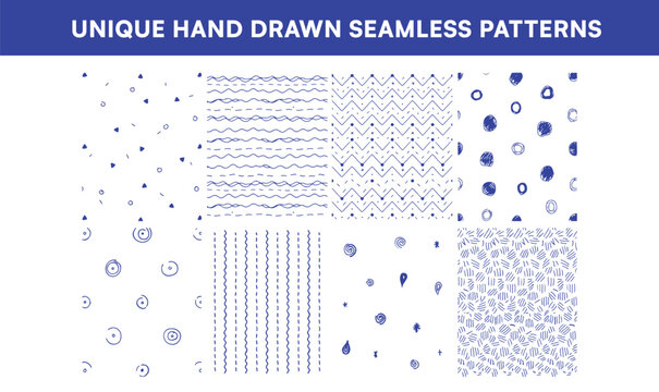Hand drawn seamless pattern set vector blue abstract doodle dot texture background design collection
